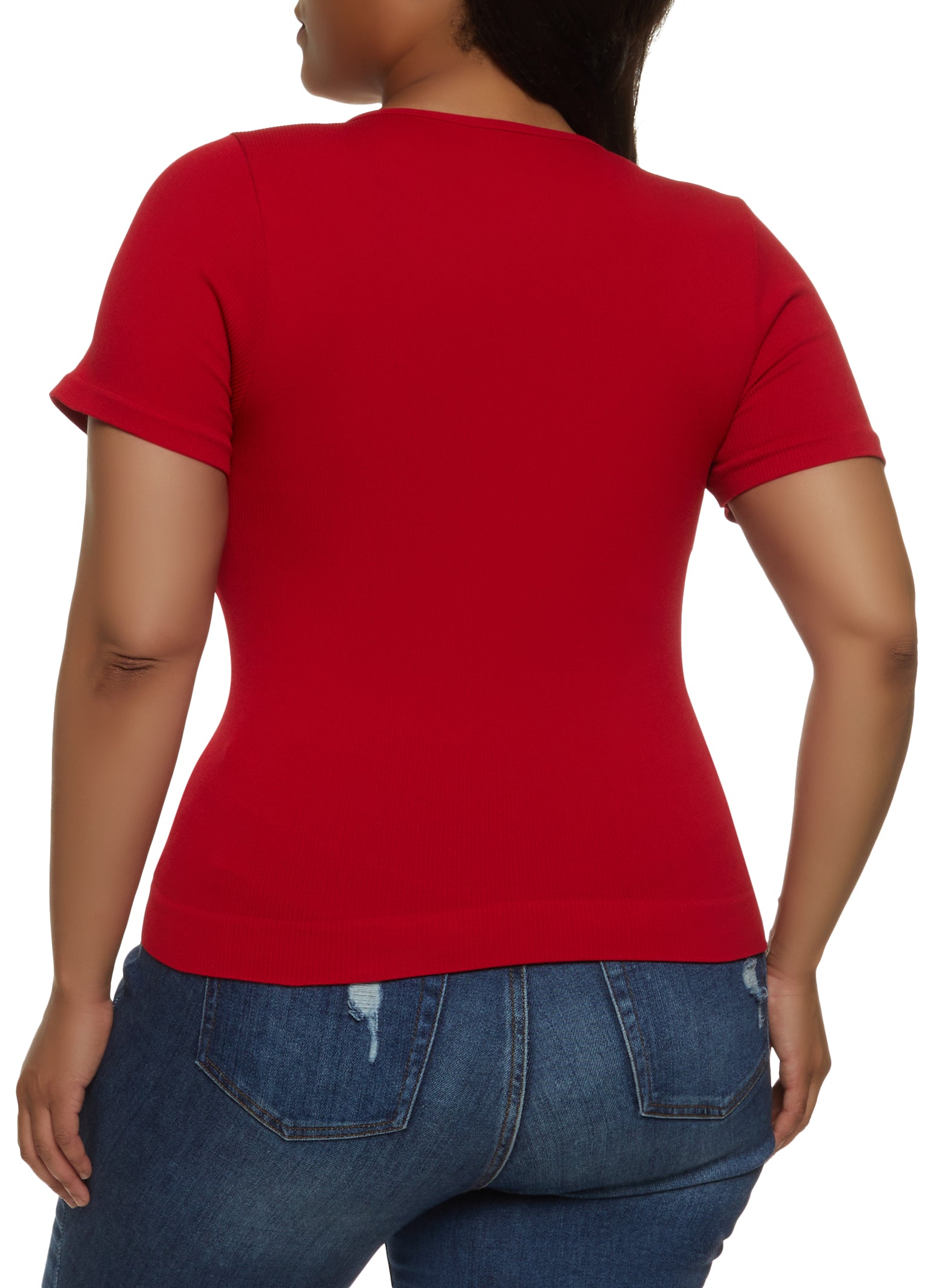 Plus Size Seamless Ribbed Knit V Neck Tee - Red
