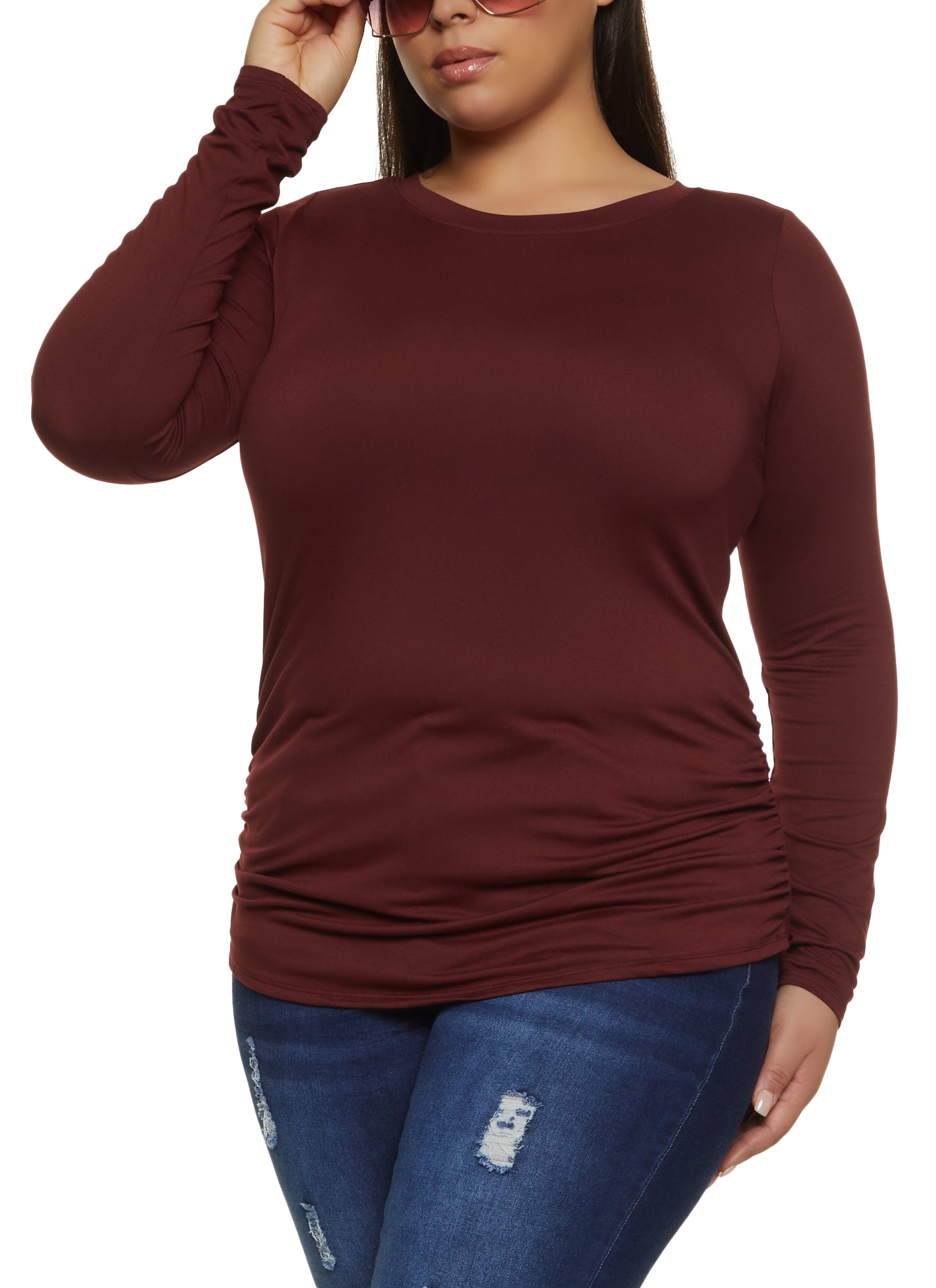 Plus Size Basic Ruched Crew Neck Top - Burgundy