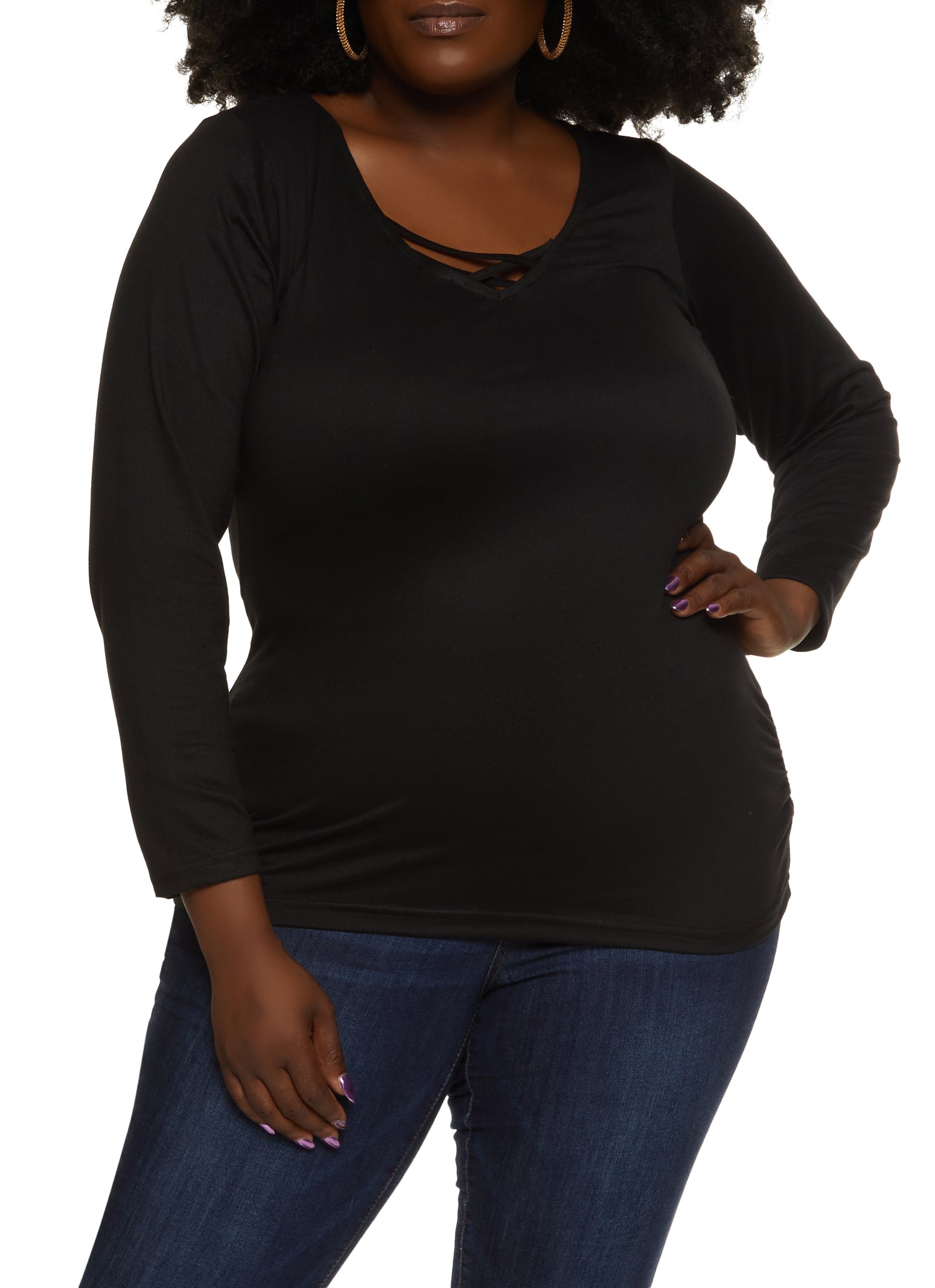 Plus Size Caged Front Long Sleeve Tee
