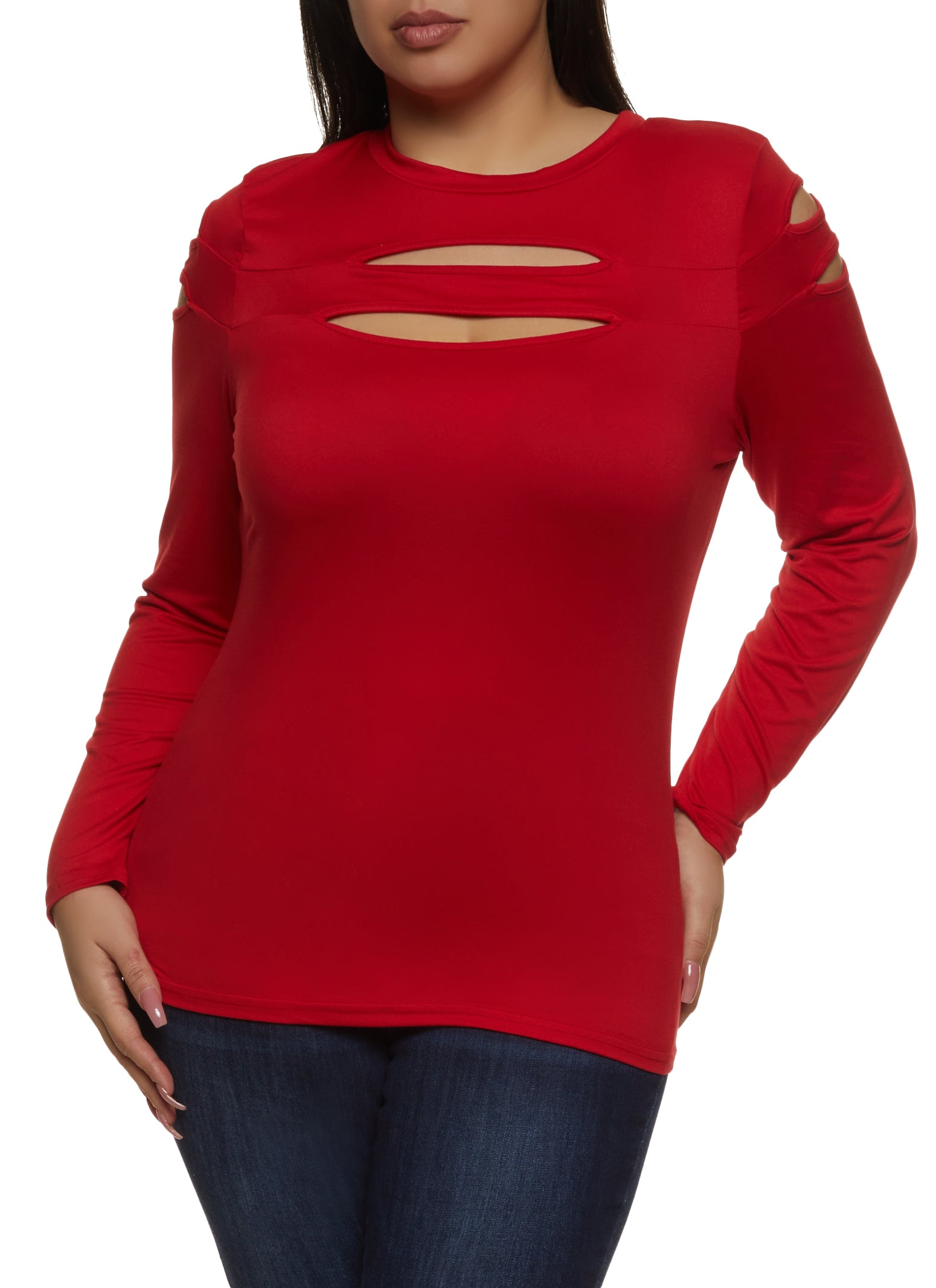 Plus Size Cut Out Keyhole Long Sleeve Tee - Red