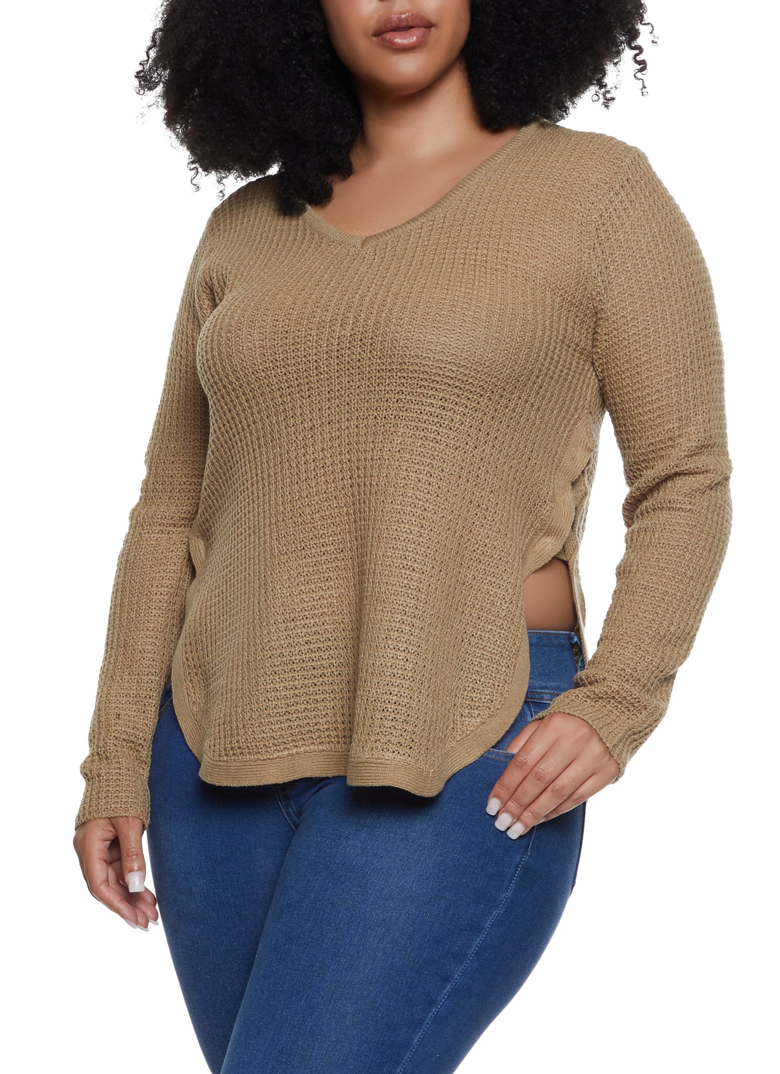 Plus Size Waffle Knit V Neck Top