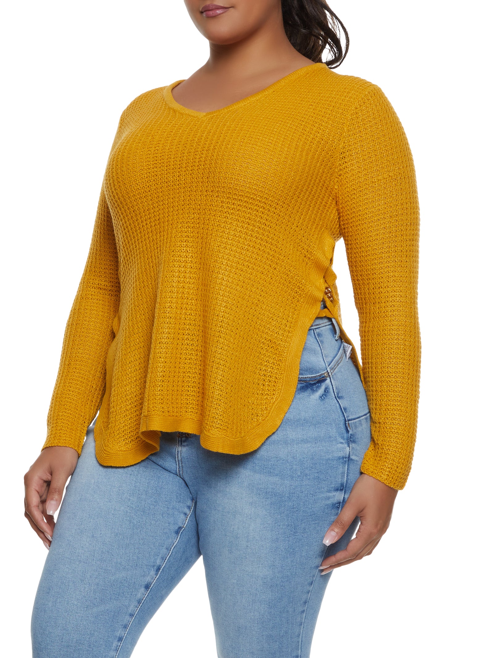 Plus Size Waffle Knit V Neck Top