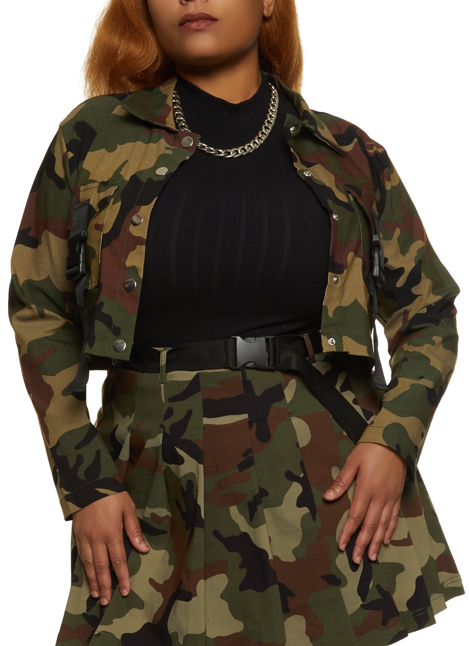 Plus Size Flap Pocket Buckle Detail Crop Jacket - Olive