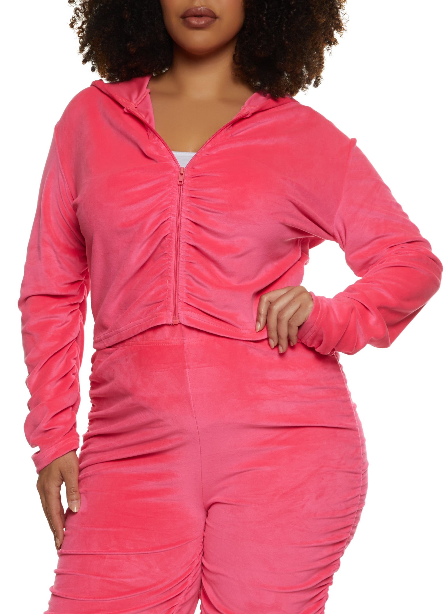 Plus Size Velour Ruched Front Hoodie - Fuchsia