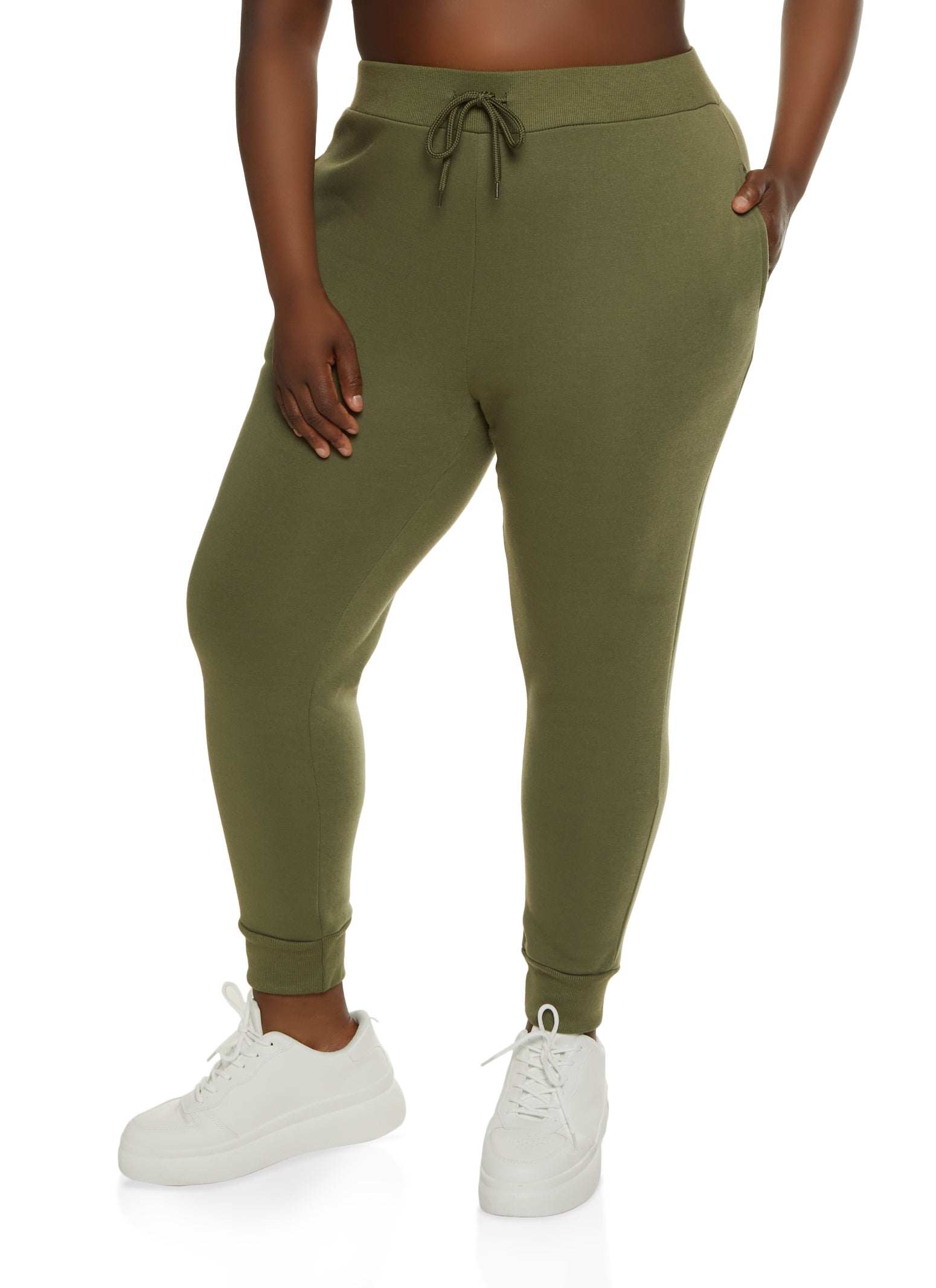 Plus Size Solid Drawstring Fleece Joggers - Olive