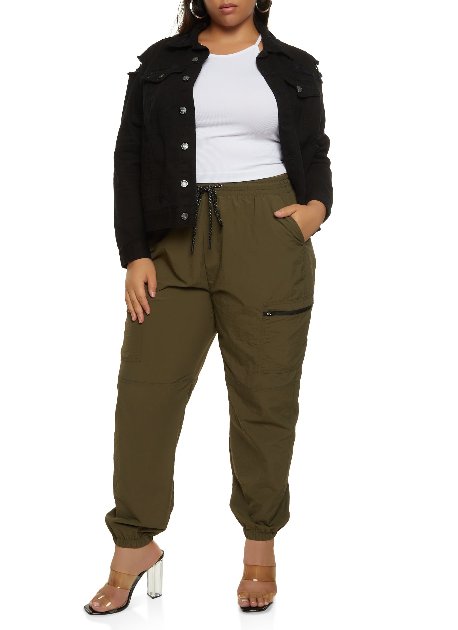 Plus Size Nylon Zip Pocket Cargo Joggers - Olive