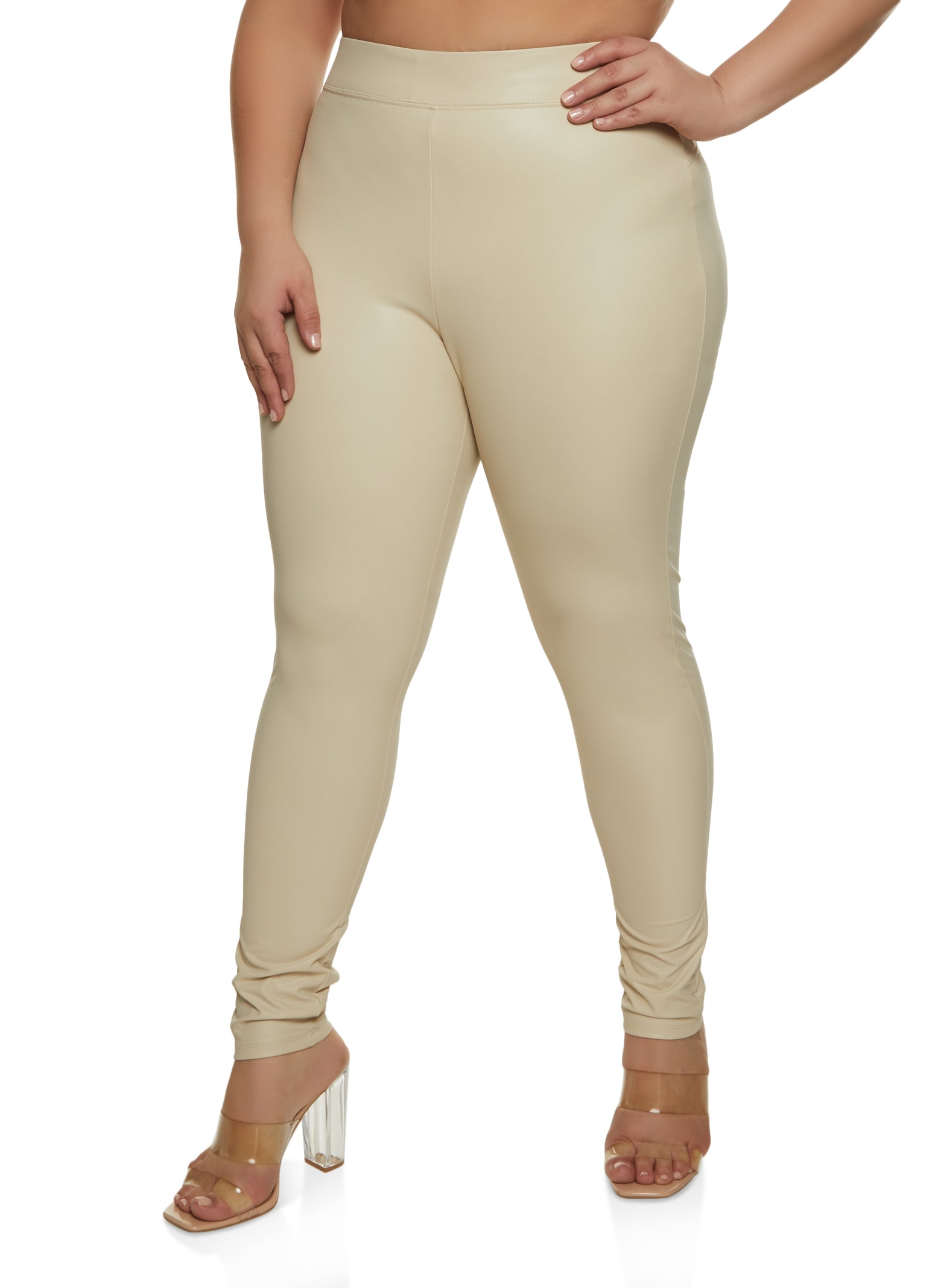High Waisted Faux Leather Leggings In Beige –