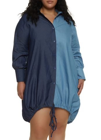 Plus Size Two Tone Drawstring Hem Shirt Dress