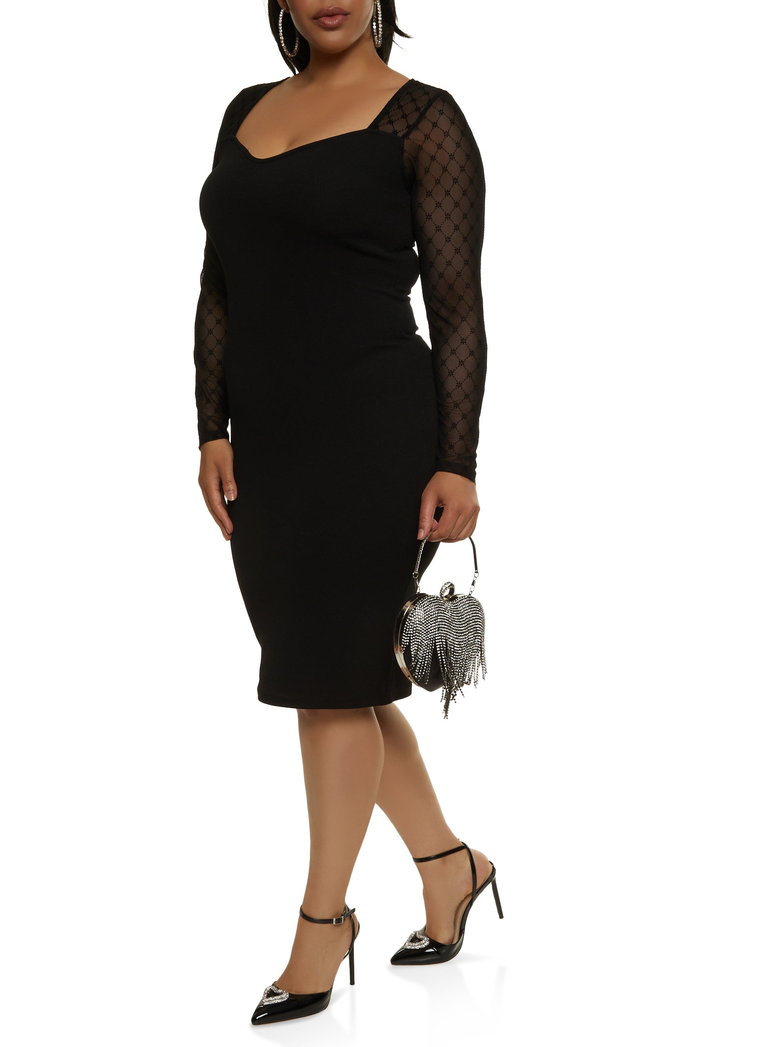 Plus Size Mesh Long Sleeve Midi Dress