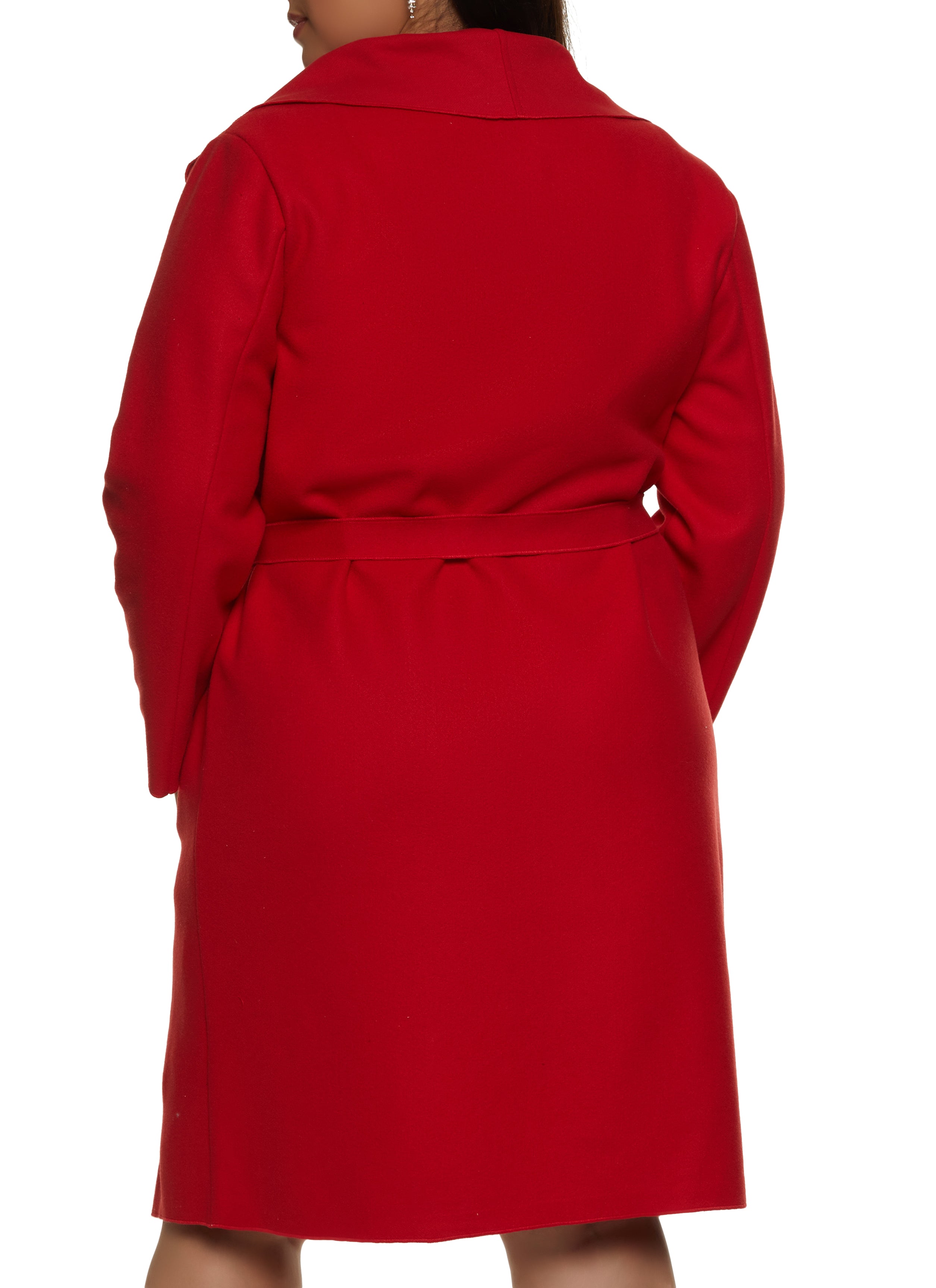 Plus Size Solid Belted Wrap Coat - Red