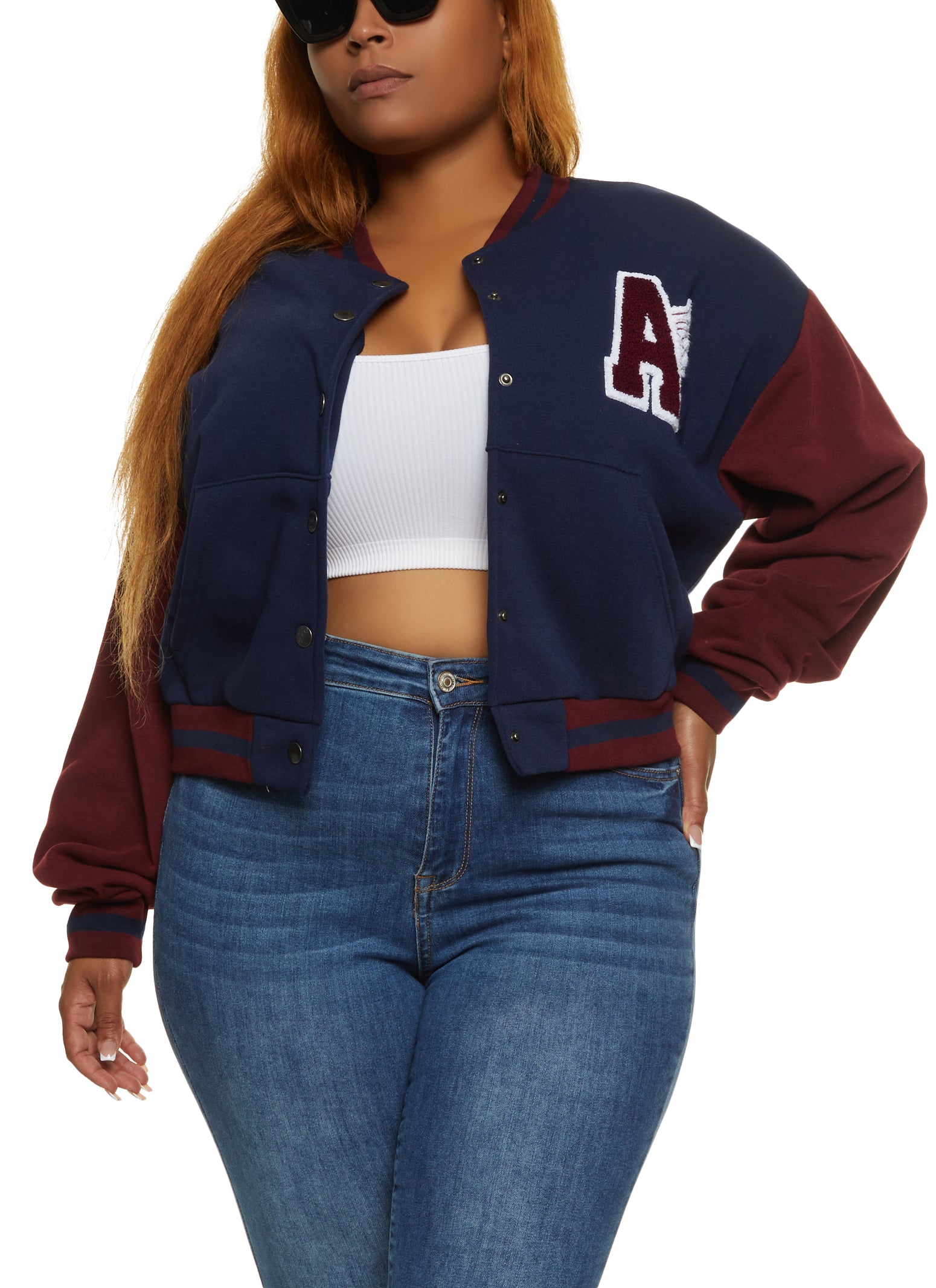 Plus Size A Initial Chenille Patch Varsity Jacket