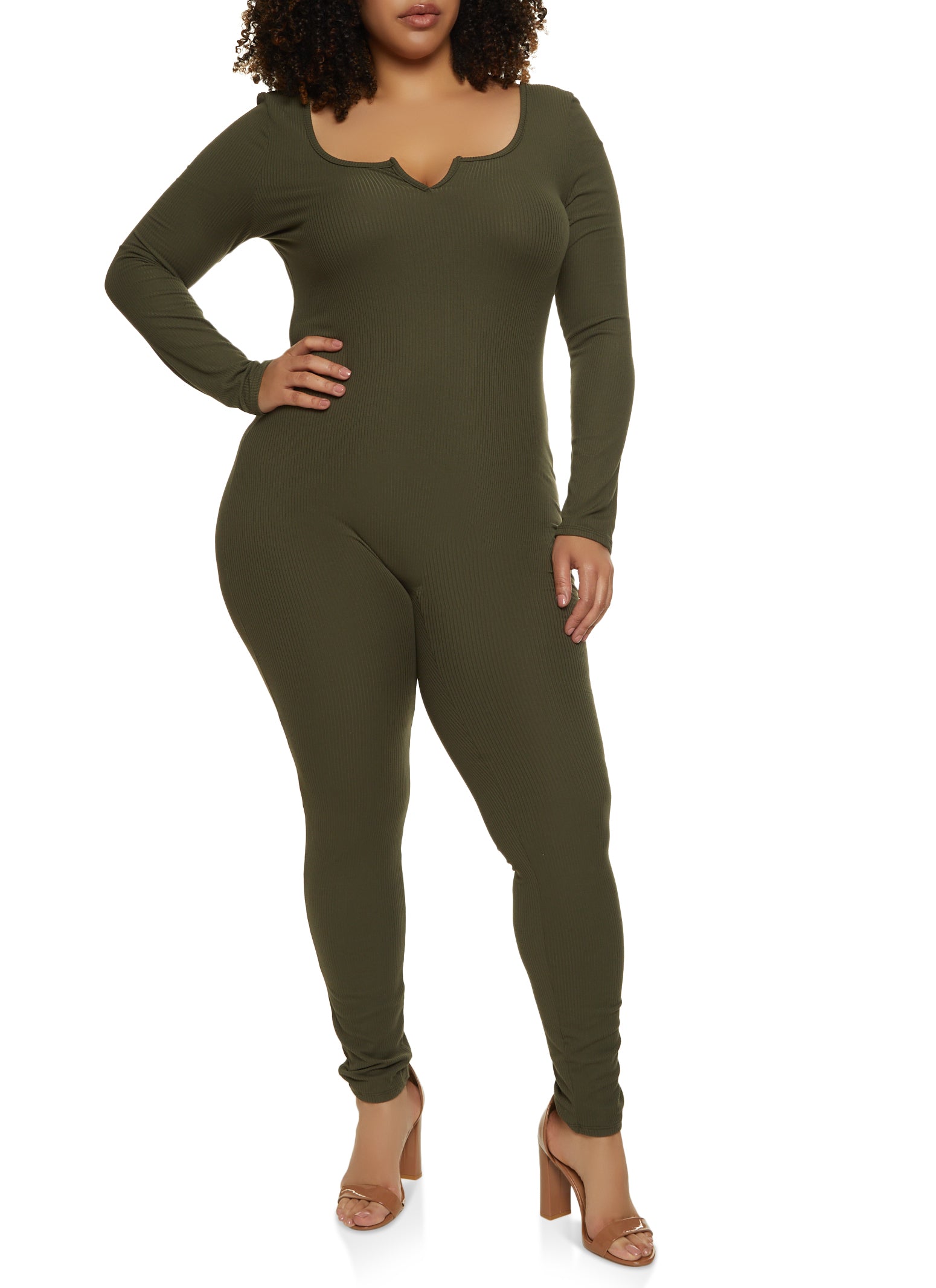 Plus Size Rib Knit Notch Neck Long Sleeve Catsuit