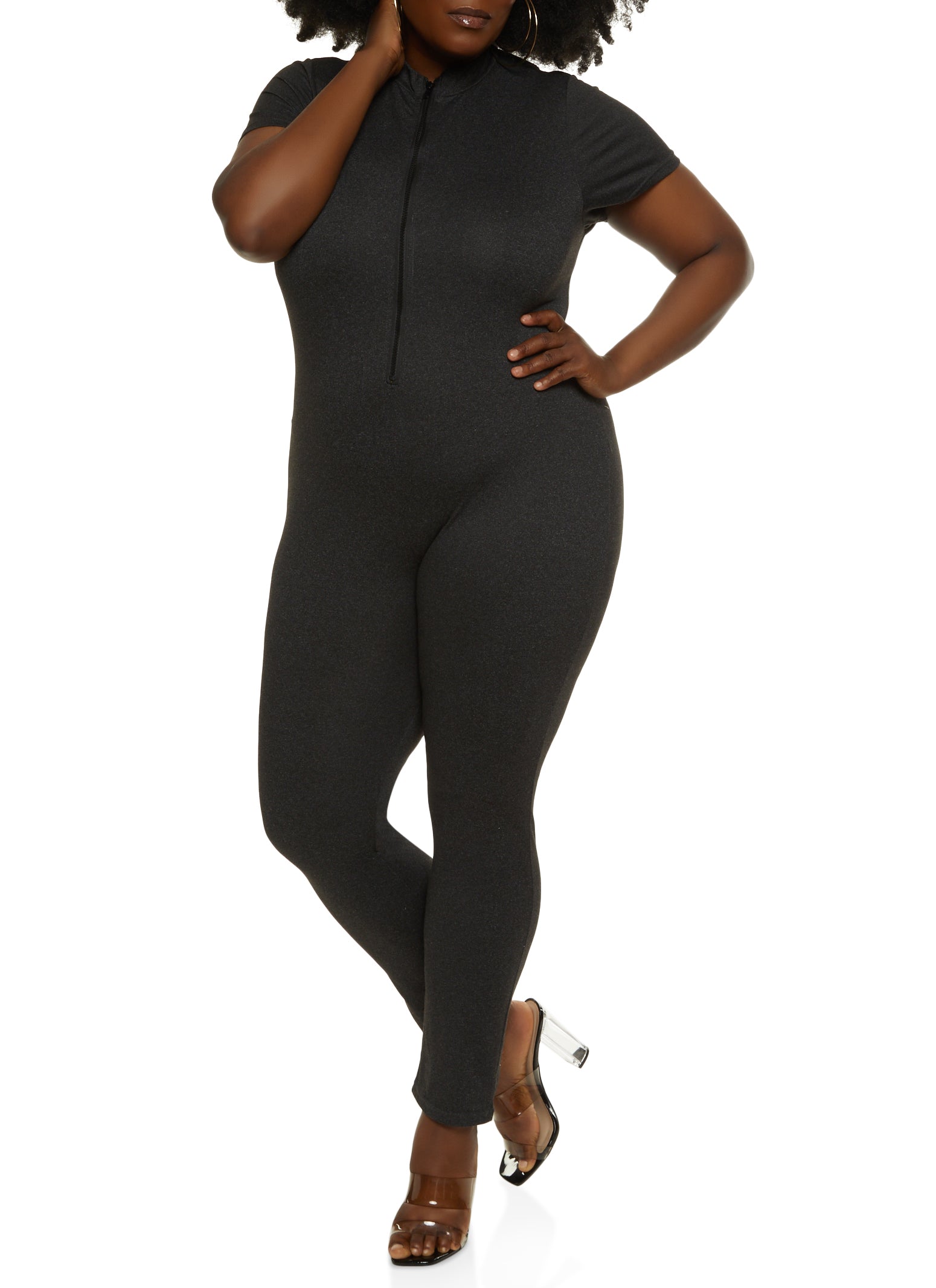 Plus Size Half Zip Mock Neck Short Sleeve Catsuit