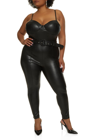 Plus Size Reflector Black Faux Leather Leggings Bodysuit Jumpsuit