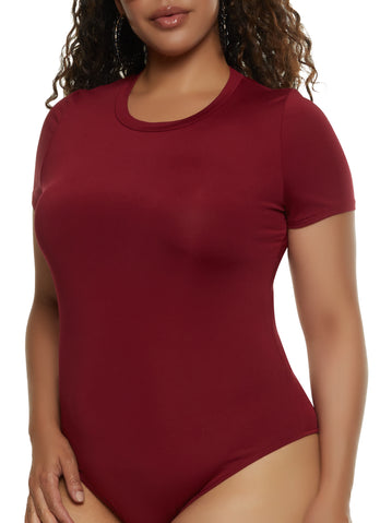 Plus Size Basic Crew Neck Short Sleeve Bodysuit - Burgundy