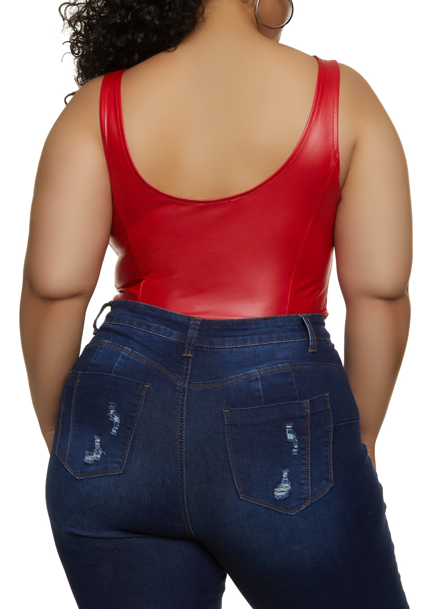 Plus Size Faux Leather Notch Neck Bustier Bodysuit - Red