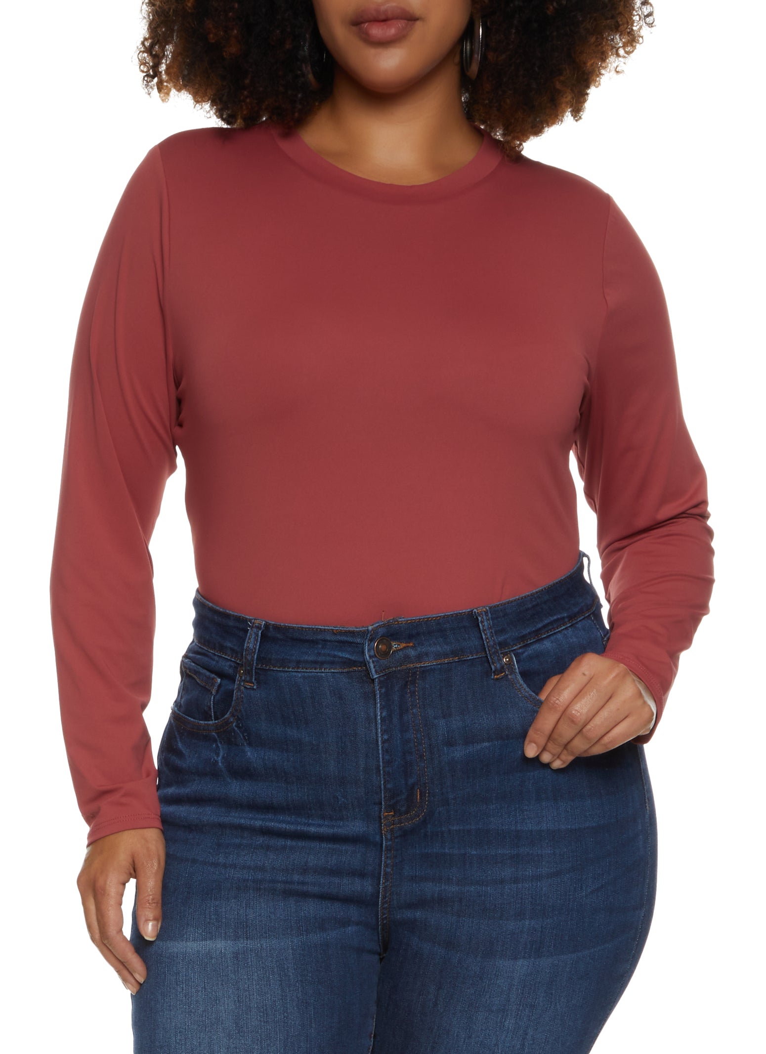 Plus Size Crew Neck Long Sleeve Bodysuit - Burgundy