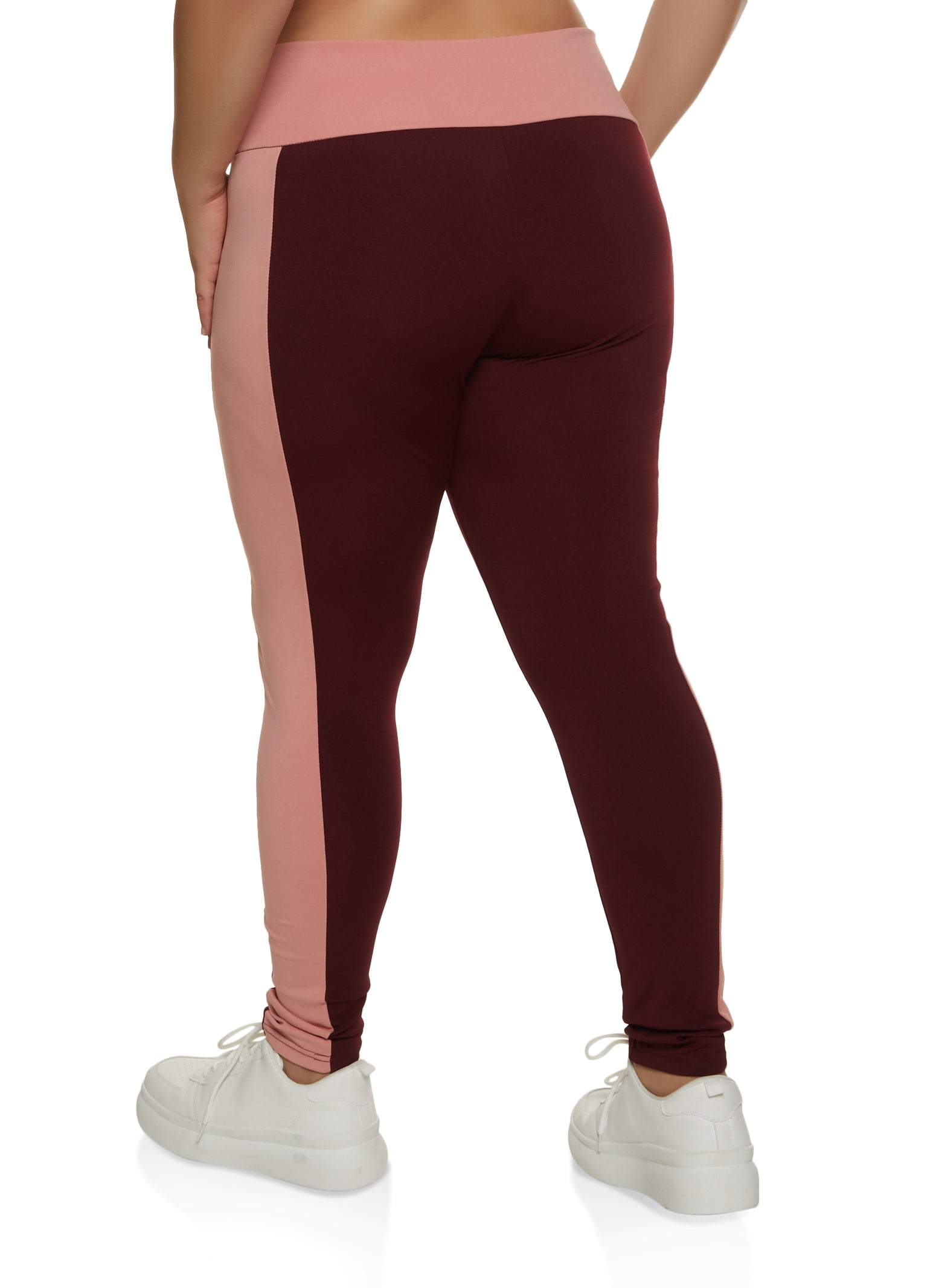 Plus Size Color Block High Waisted Leggings - Burgundy