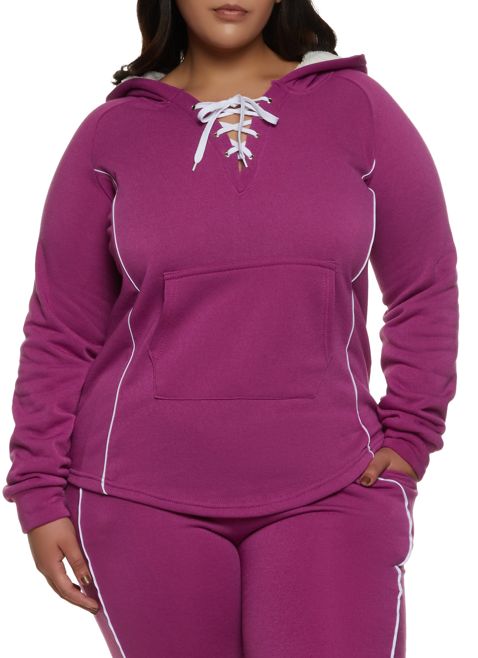 Plus Size Contrast Piping Hooded Lace Up Sweatshirt