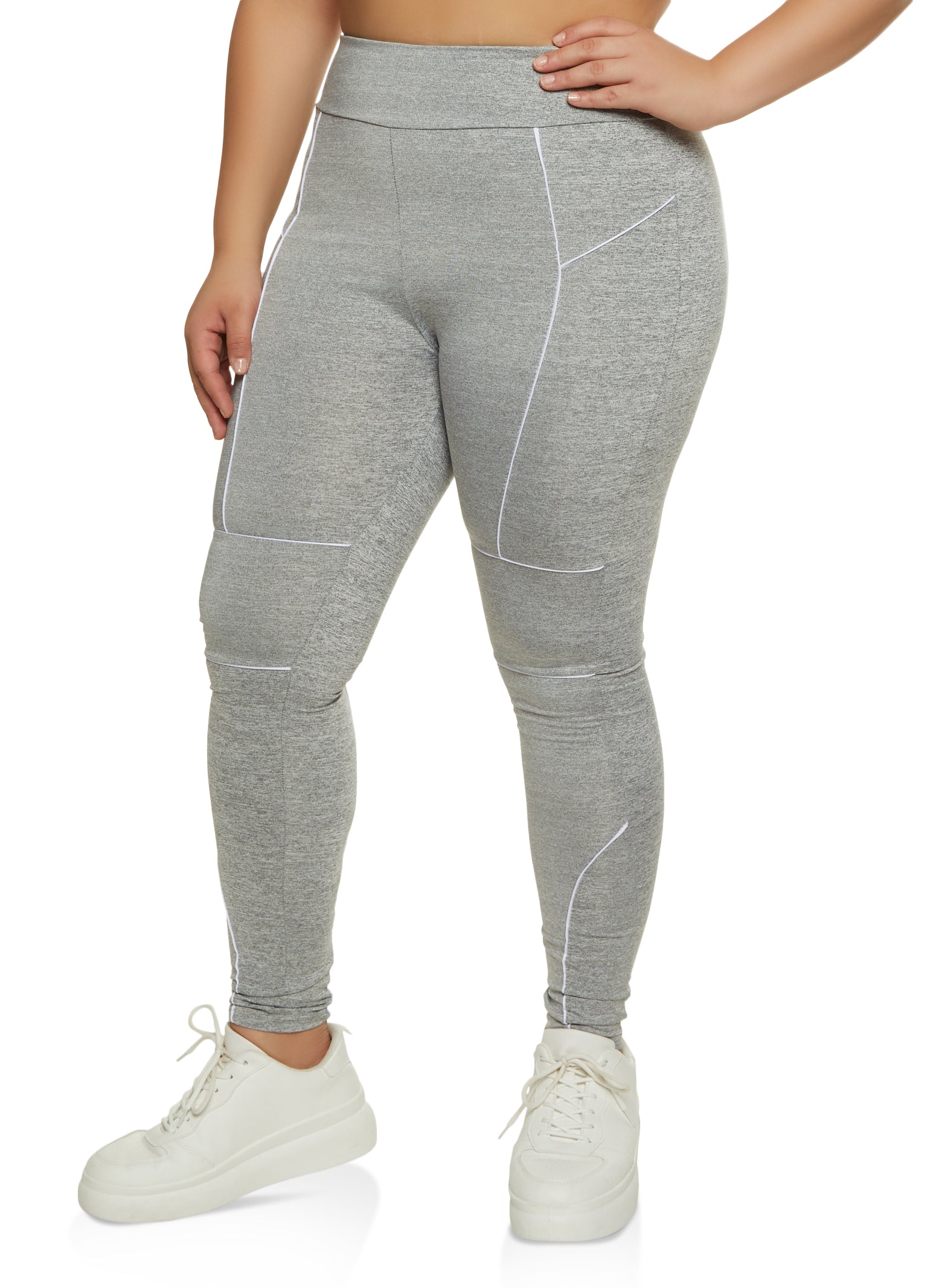 Plus Size High Waist Contrast Piping Leggings - Heather