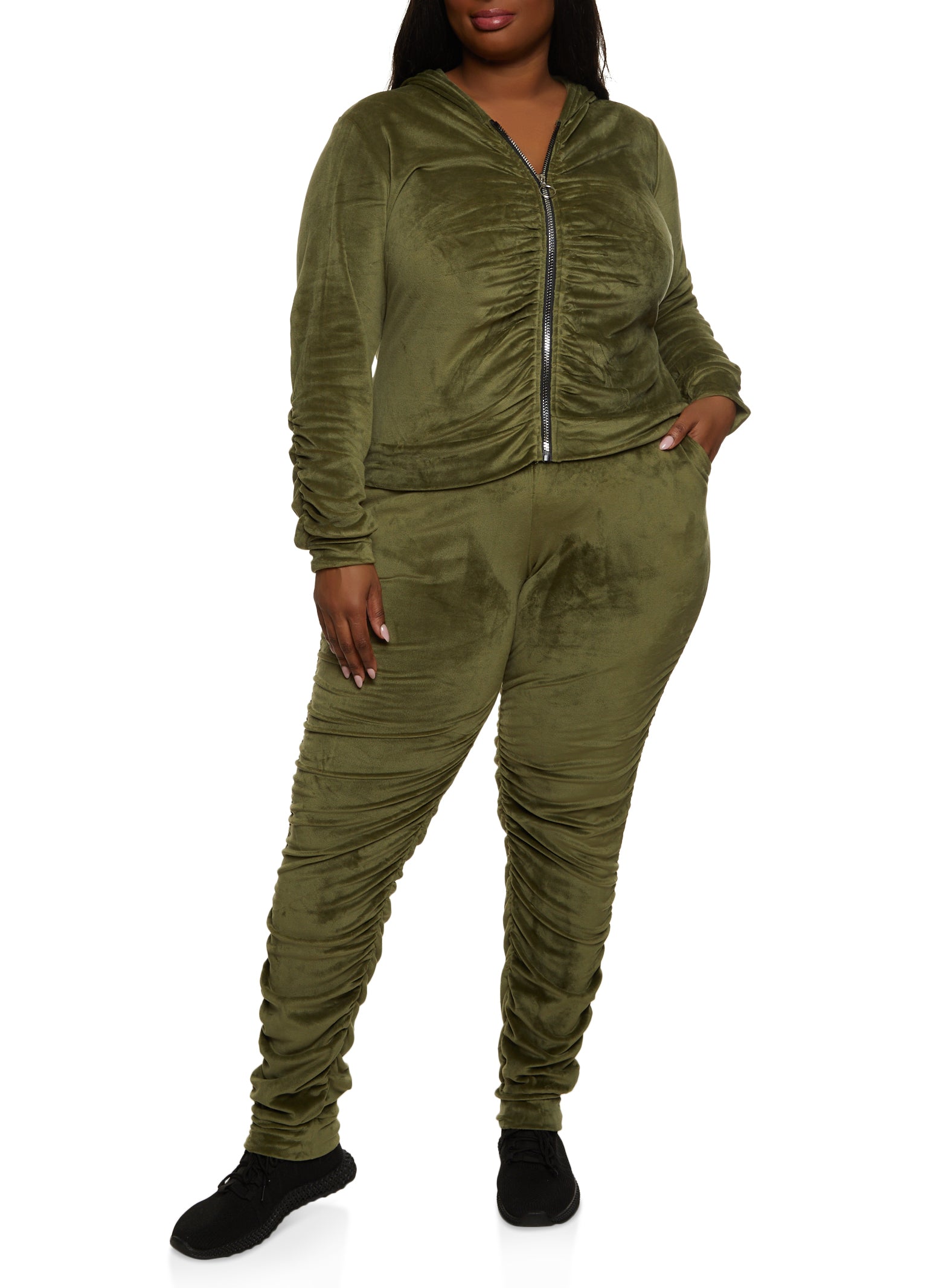 Plus Size Ruched Zip Front Hooded Sweatshirt - Olive