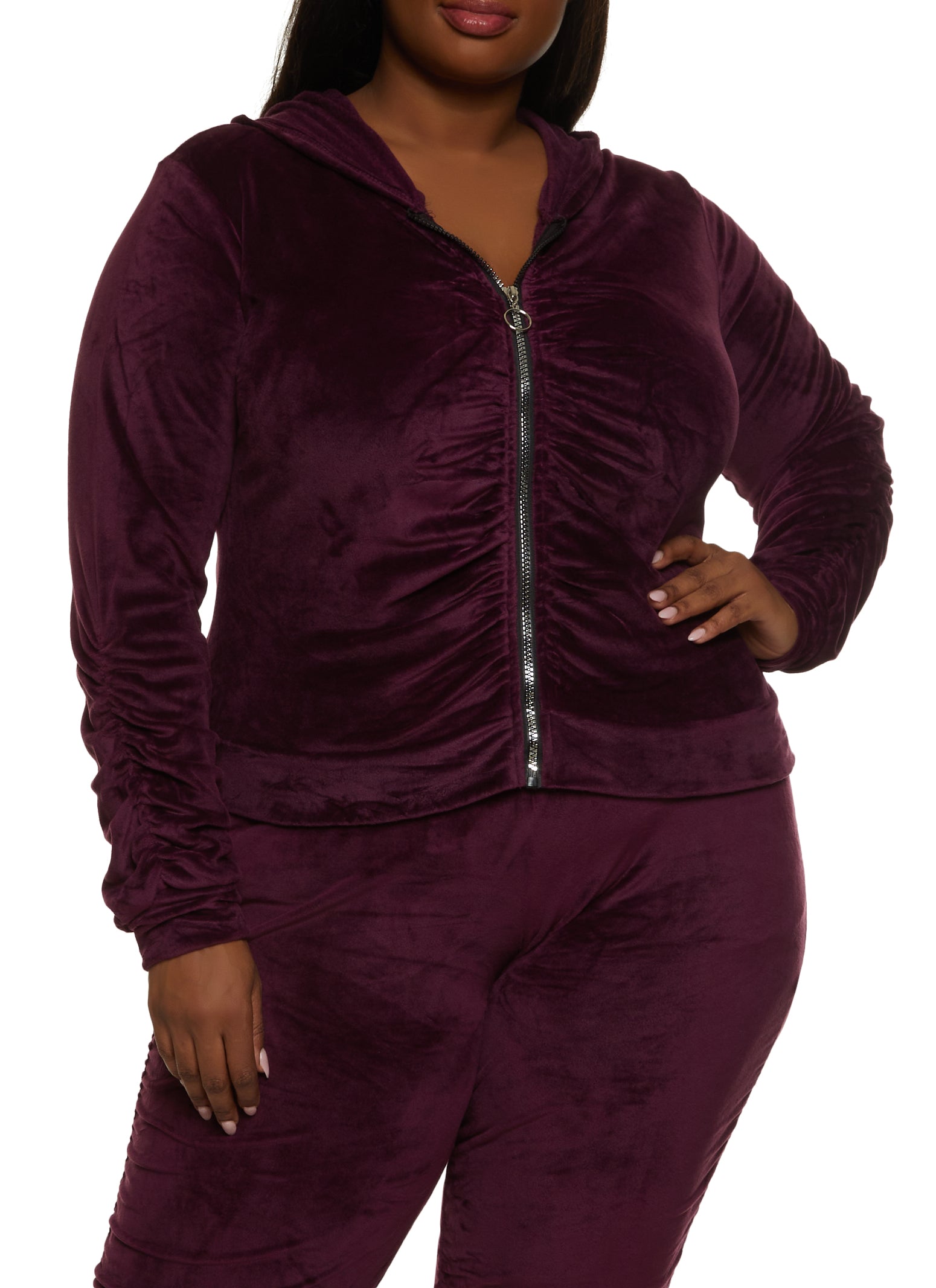 Plus Size Ruched Zip Front Hooded Sweatshirt