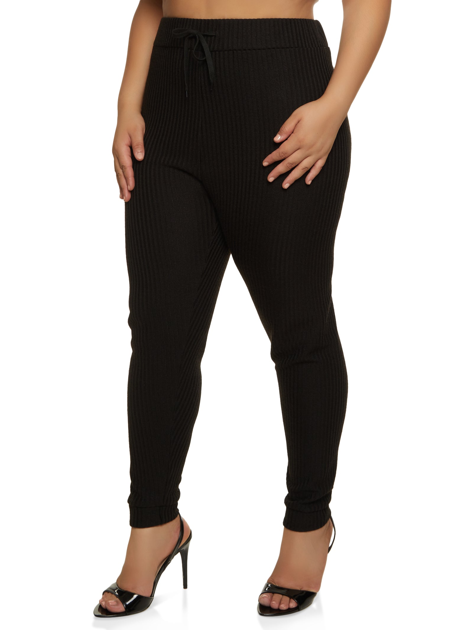 Plus Size Ribbed Knit High Waisted Leggings - Black