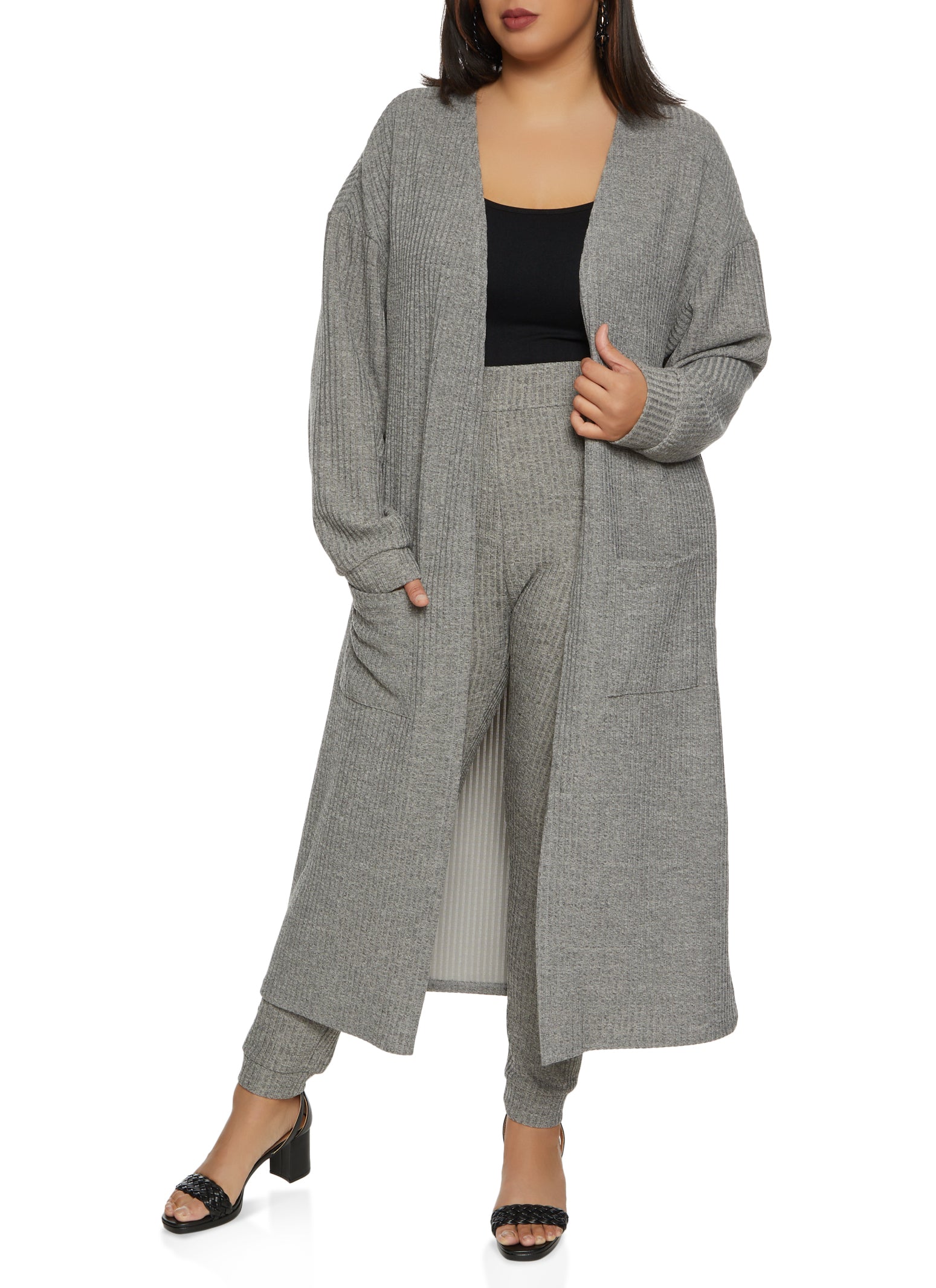 Plus Size Ribbed Knit Pocket Long Cardigan - Heather