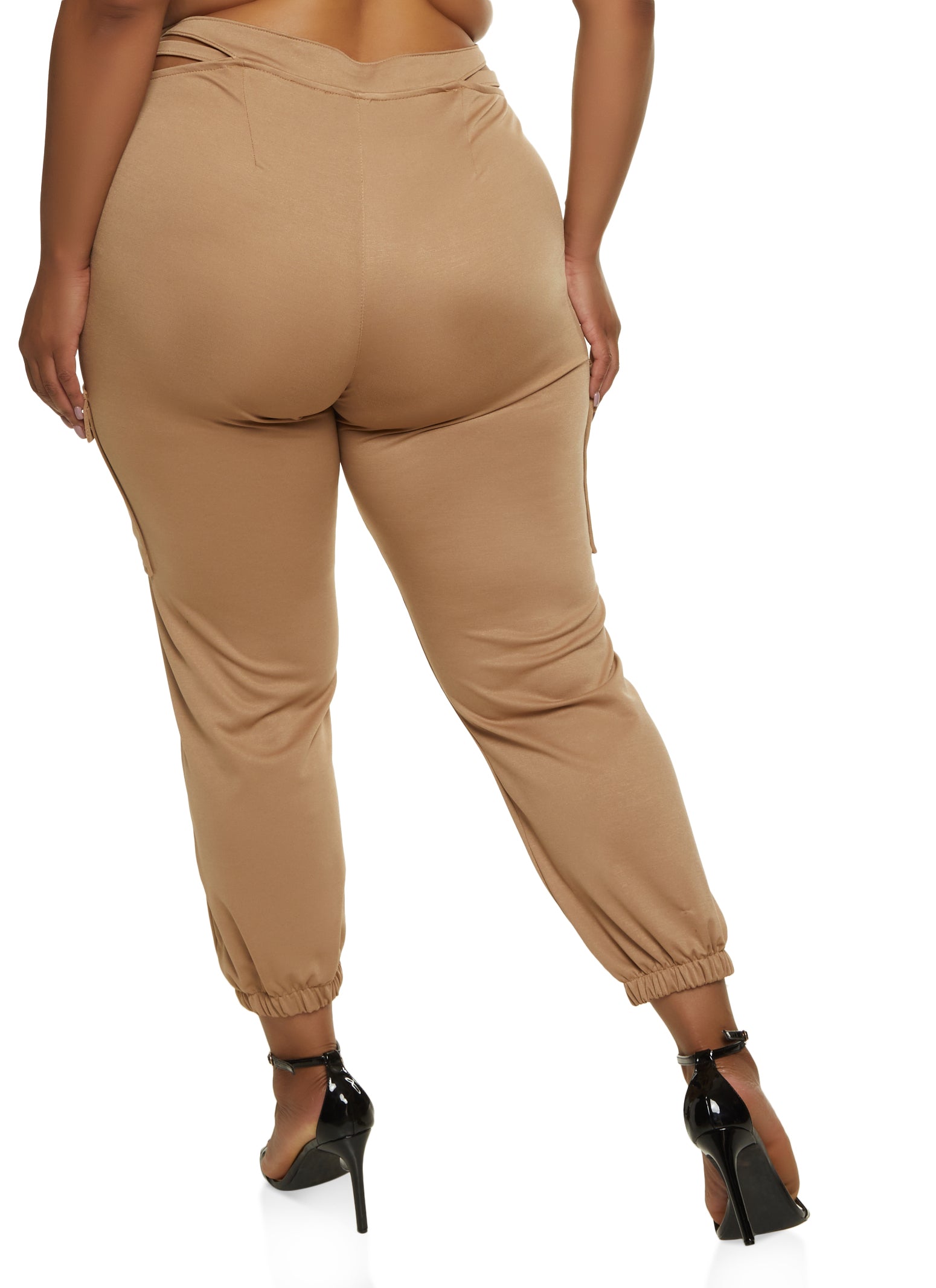 Plus Size Cut Out Waist Cargo Joggers - Khaki