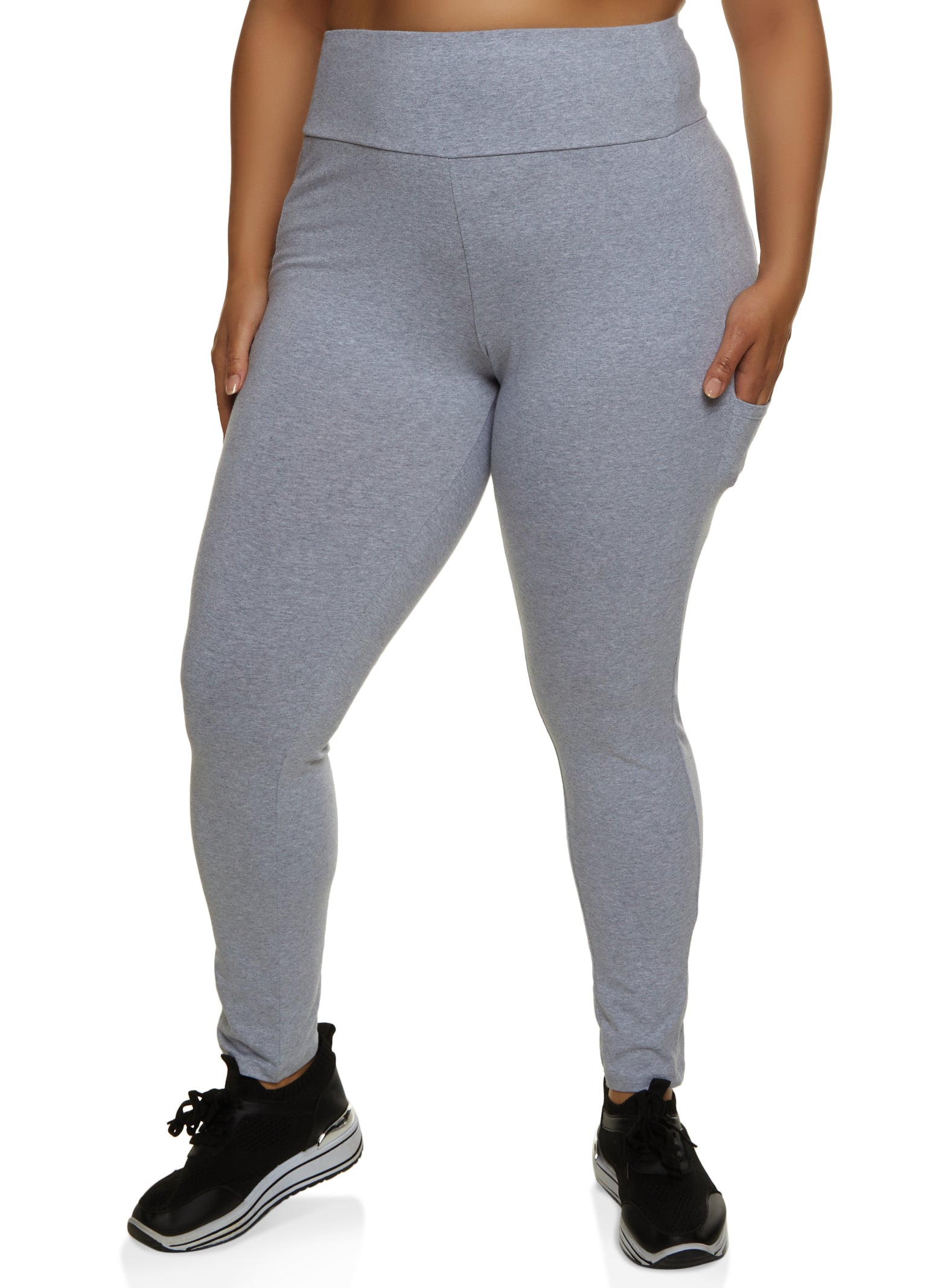 Plus Size Solid High Waist Cell Phone Pocket Leggings - Gray