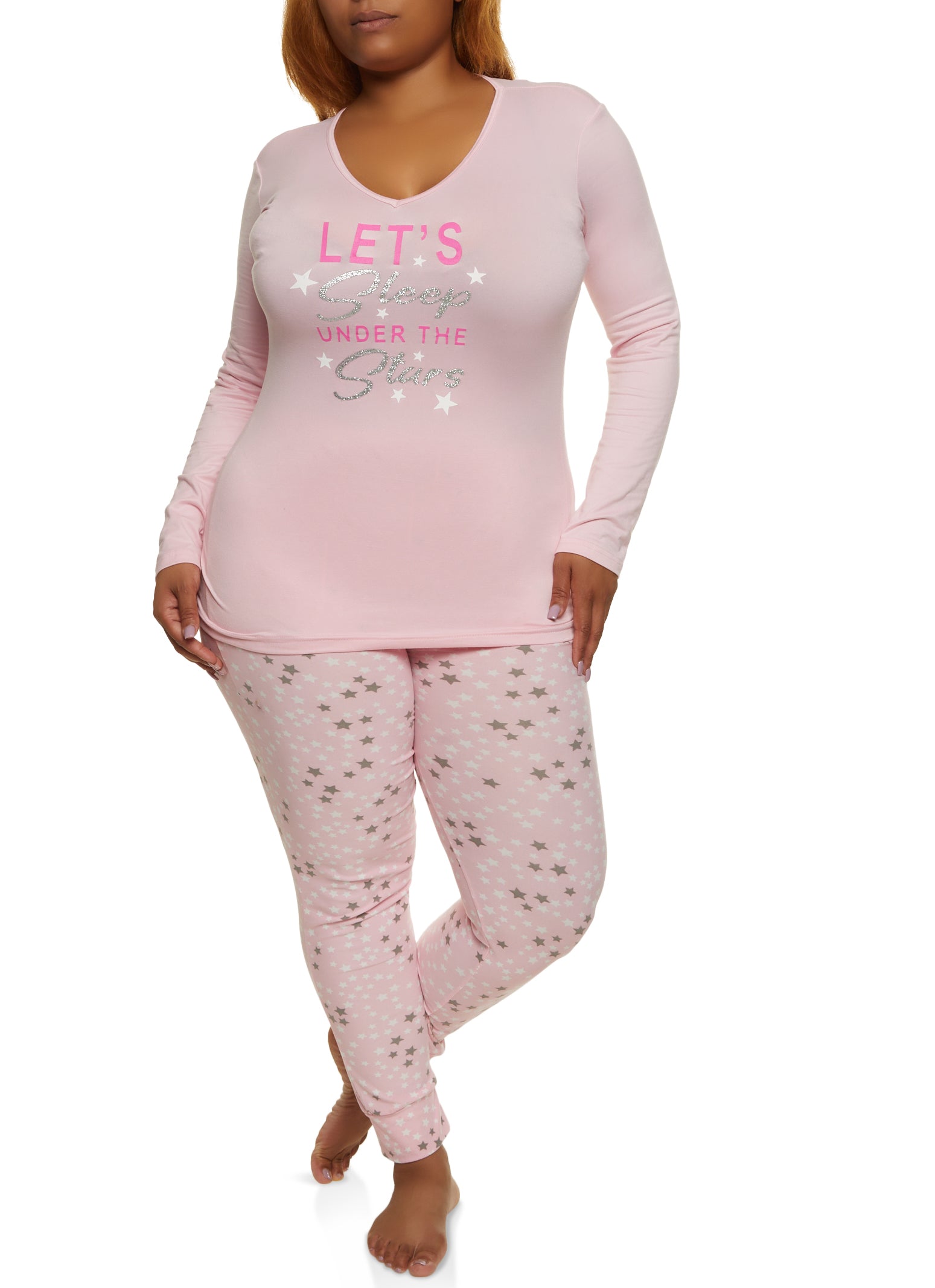 Plus Size Under The Stars Graphic Pajama Top and Pants - Pink