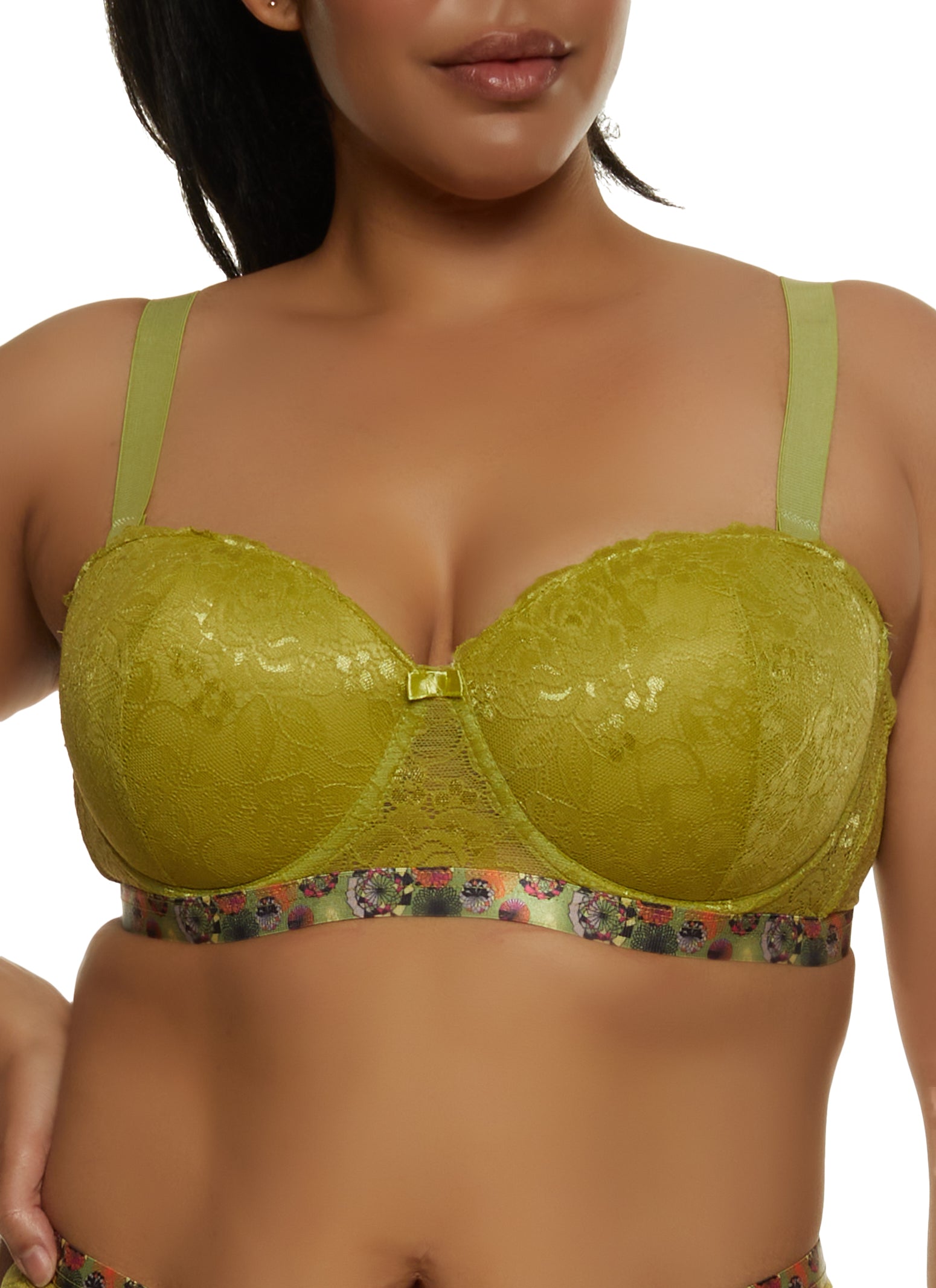 Plus Size Printed Pattern Lace Balconette Bra, Converts to Strapless