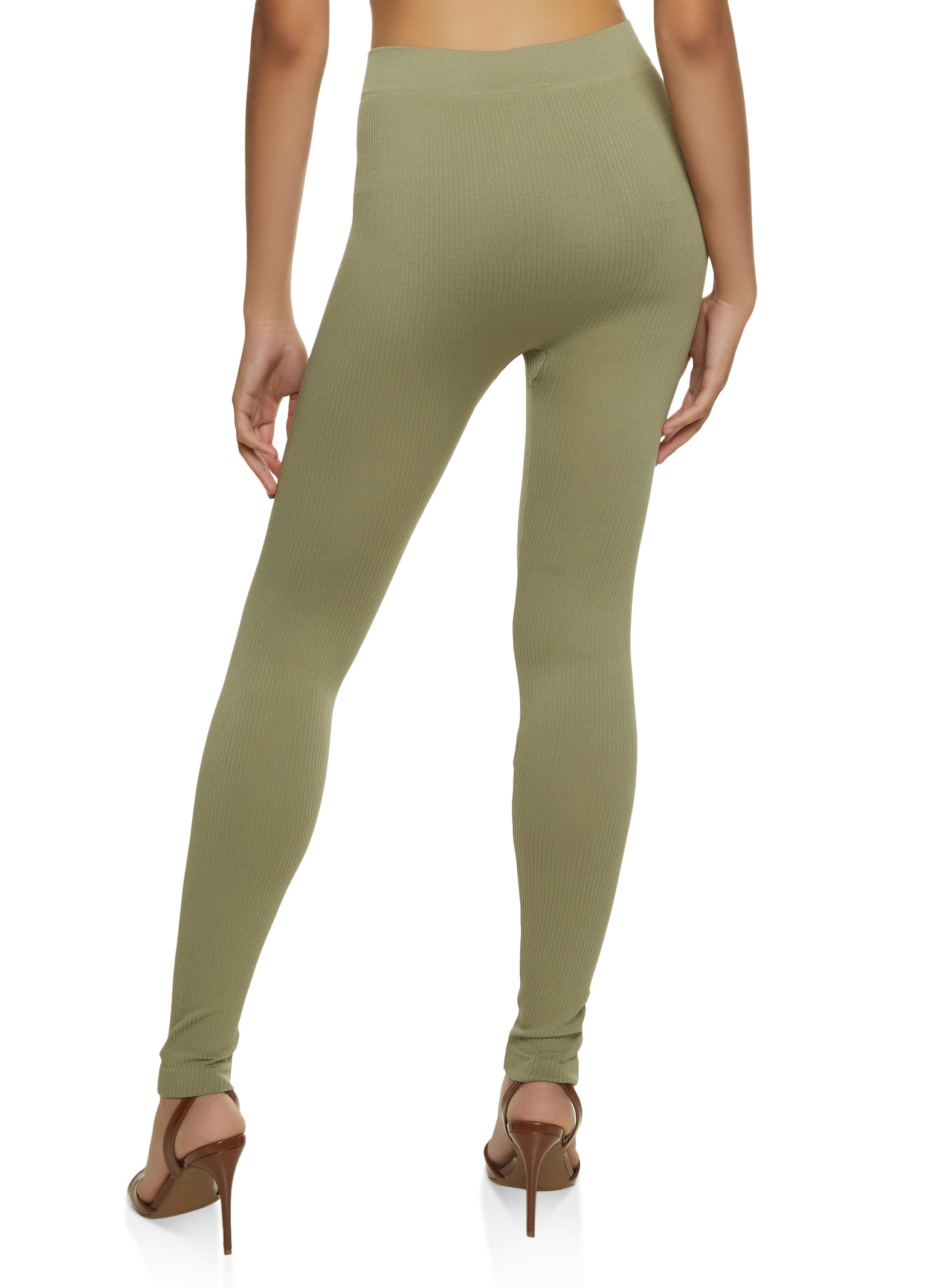 Solid Seamless Ribbed Leggings - Olive