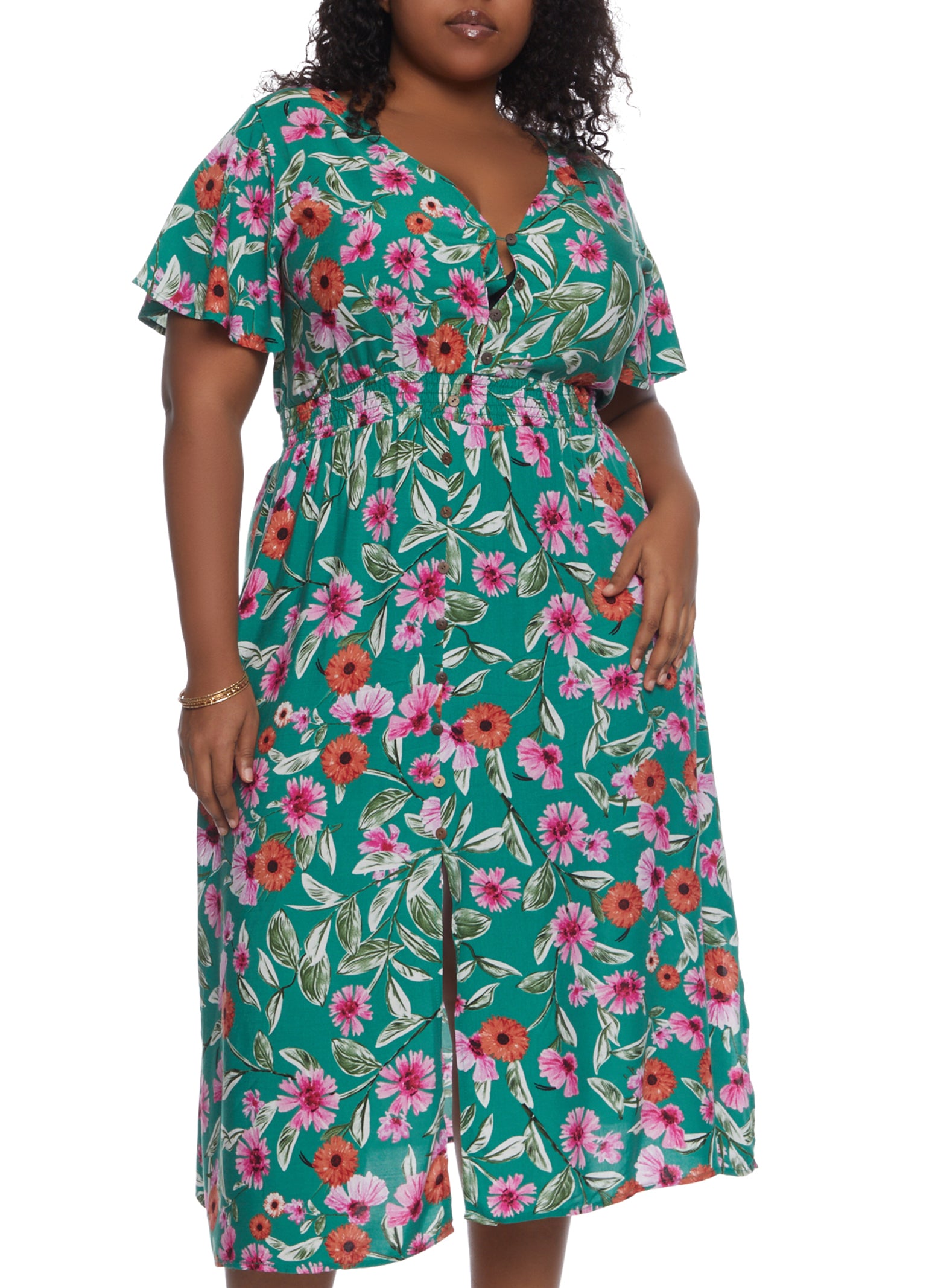 Plus Size Floral Print Flutter Sleeve Midi Dress