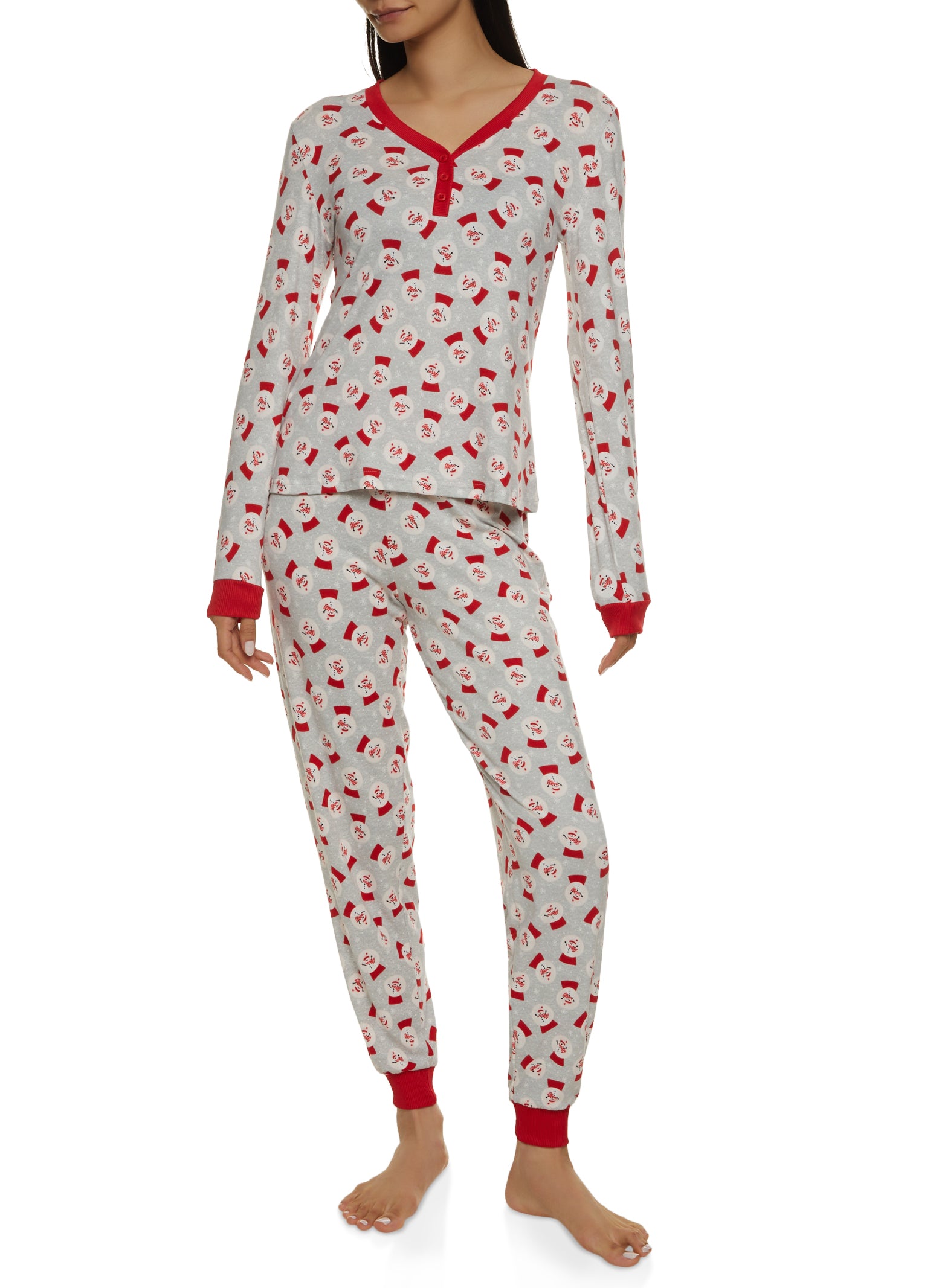 Snowman Graphic Print Henley Pajama Top And Pants Set