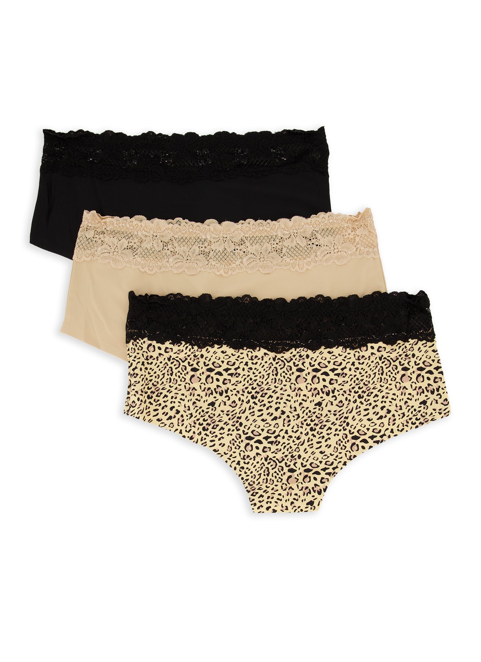 Plus Size 3 Pack Lace Trim Panties - Black Ptn